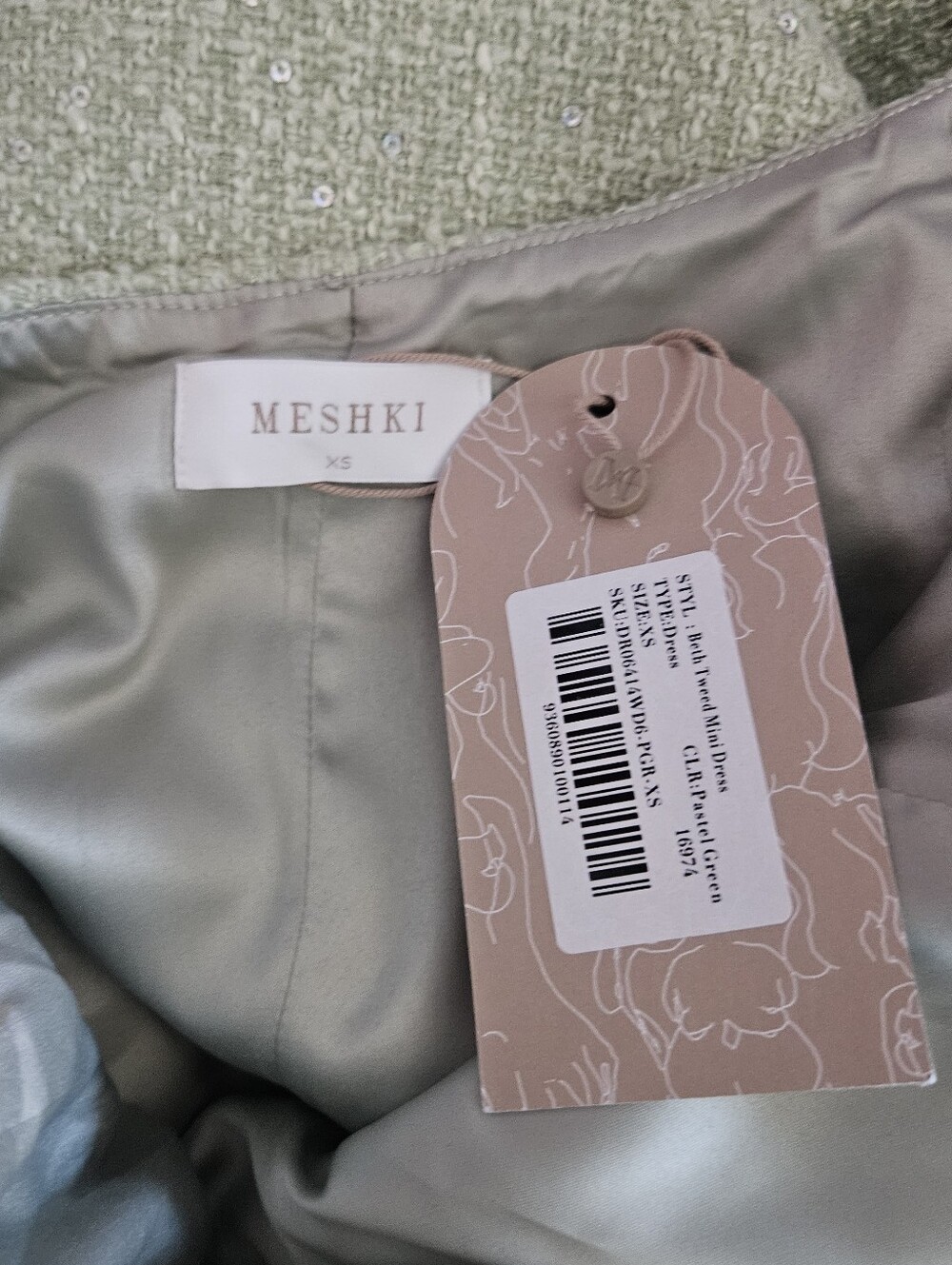 New Meshki Beth Tweed Mini Dress Pastel Green Size Xs - Picture 6 of 6